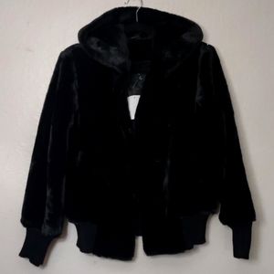 RLZ Black Faux Fur Coat/Jacket With Hood